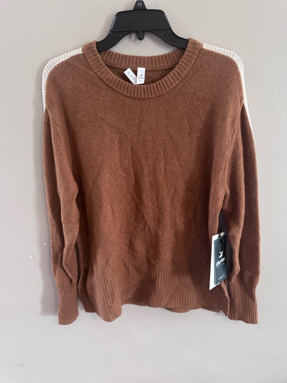 Glyder Elevated Knit Crew Sweater Size Small Brown Almond Oatmeal Stripe NWT